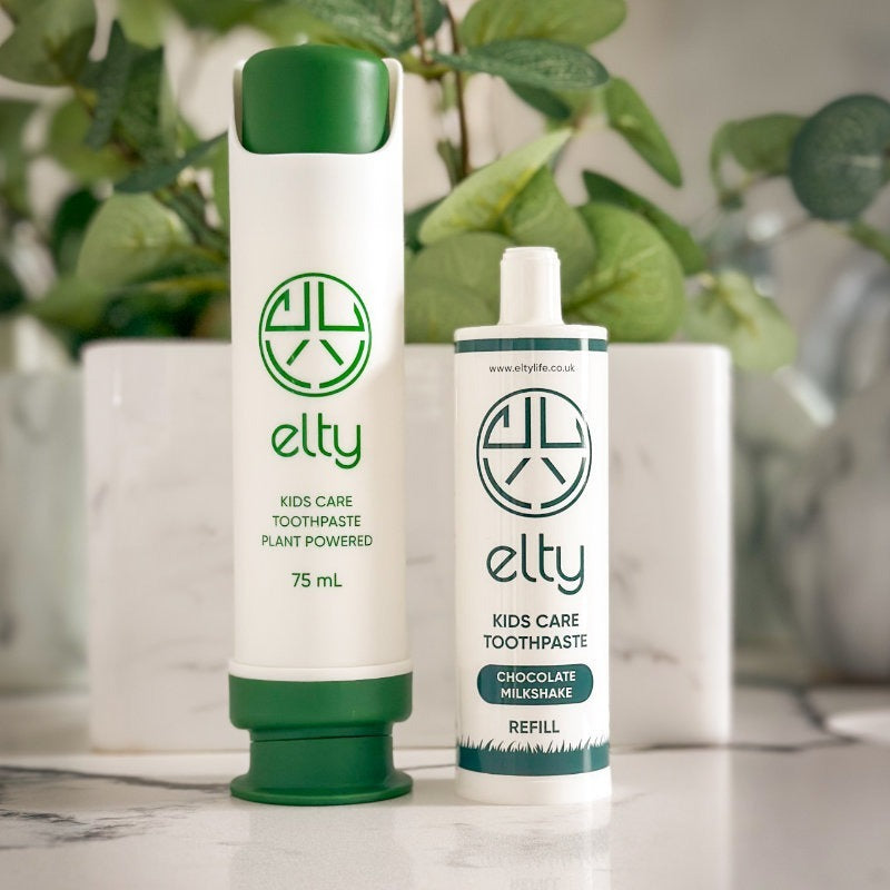 Elty kids toothpaste set, refillable pump and a single refill